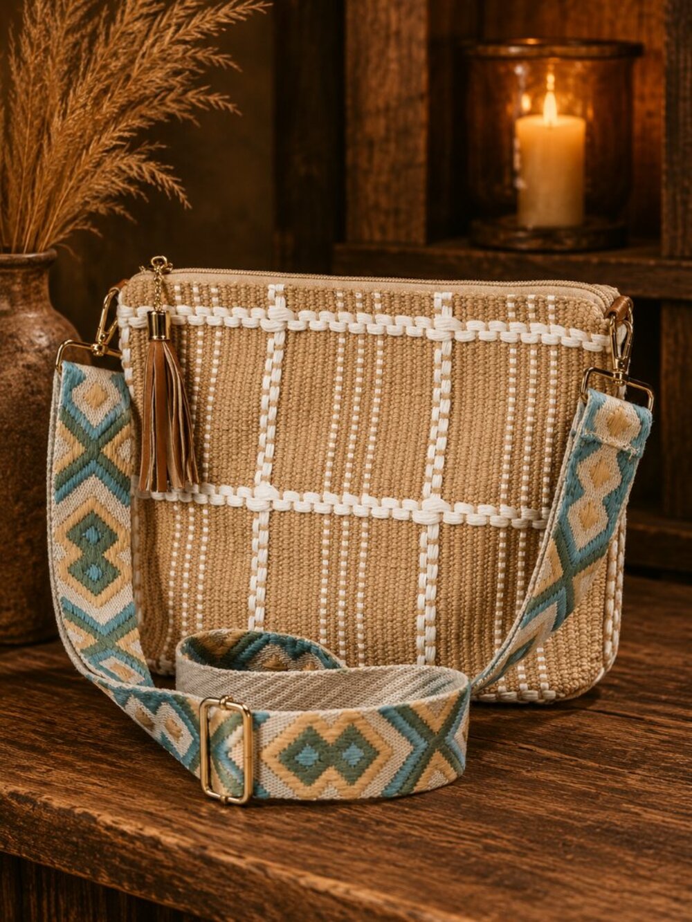 Taupe Embroidered Strap Crossbody Shoulder Bag Fall Autumn